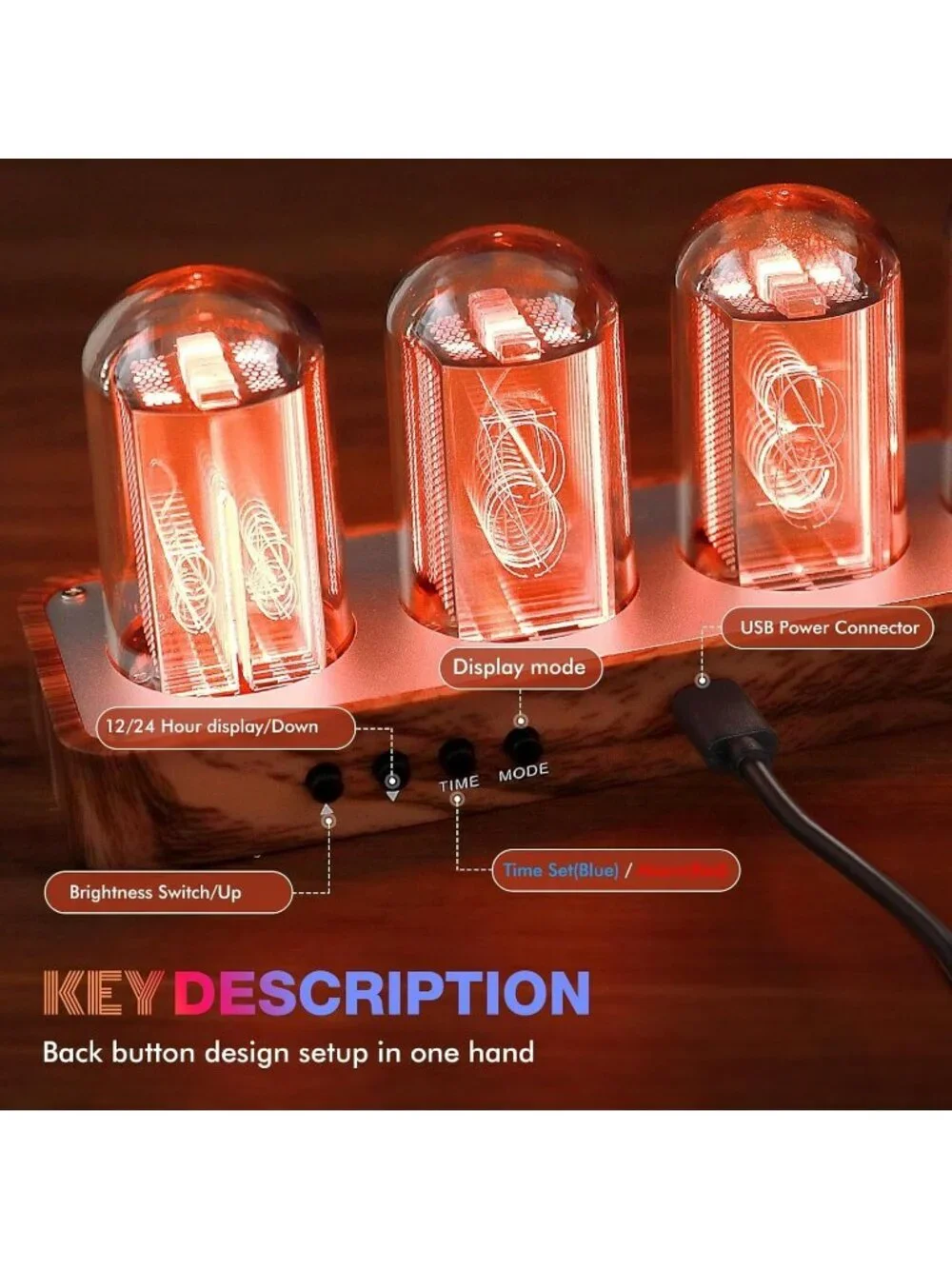 Home Brown Analog Quartz Digital Retro Wood Grain Alarm Timer Nixie Tube Clock